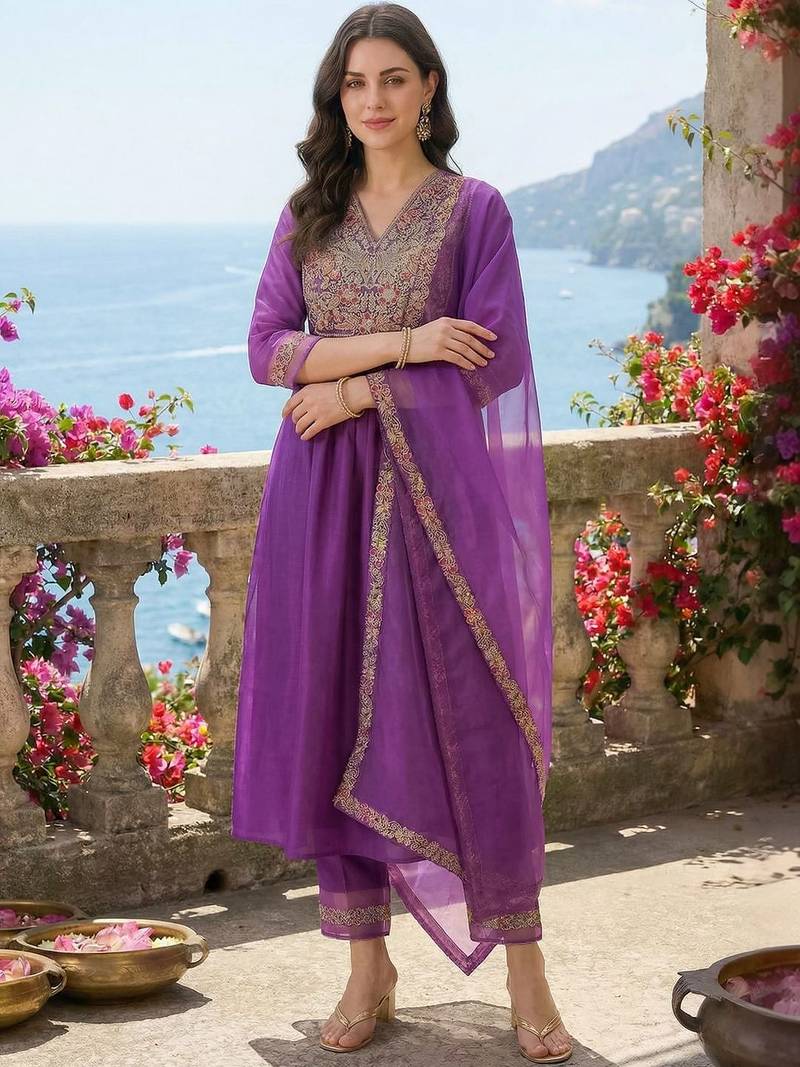 Women Ethnic Motifs Embroidered Empire Thread Work Liva Kurta with Trousers & With Dupatta
