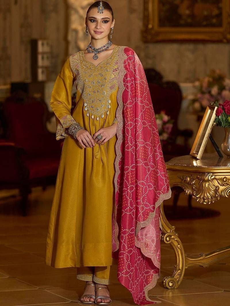 Women Ethnic Motifs Embroidered Panelled Sequinned Kurta with Trousers & With Dupatta
