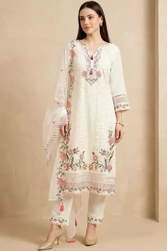 Women Floral Embroidered Regular Thread Work Kurta with Trousers & With Dupatta