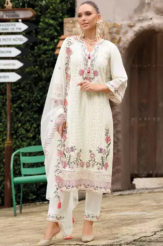 Women Floral Embroidered Regular Thread Work Kurta with Trousers & With Dupatta