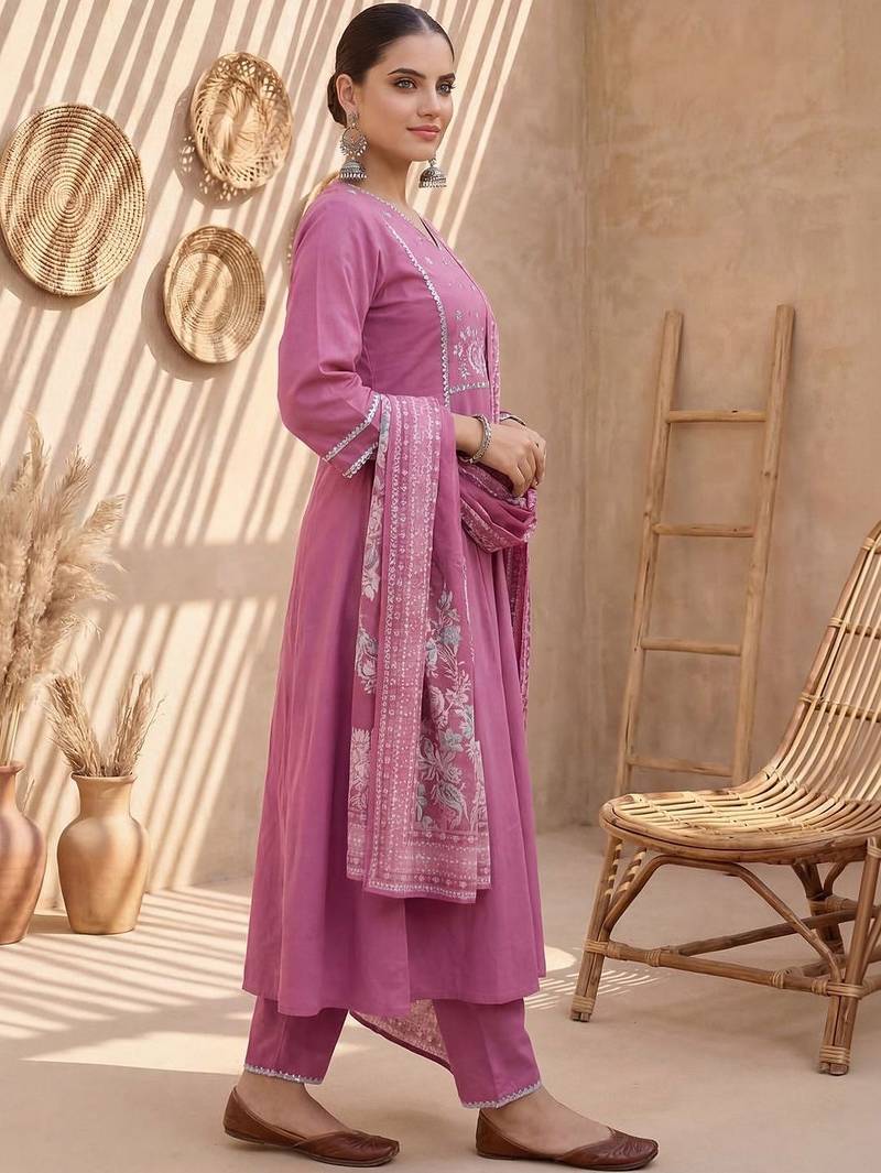 Women Floral Embroidered Regular Thread Work Pure Cotton Kurta with Trousers & With Dupatta
