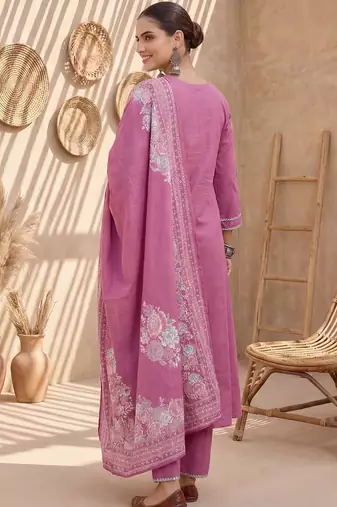 Women Floral Embroidered Regular Thread Work Pure Cotton Kurta with Trousers & With Dupatta