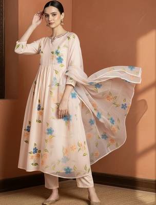 Women Floral Embroidered Regular Mirror Work Pure Cotton Kurta with Trousers & With Dupatta 1