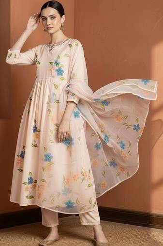 Women Floral Embroidered Regular Mirror Work Pure Cotton Kurta with Trousers & With Dupatta