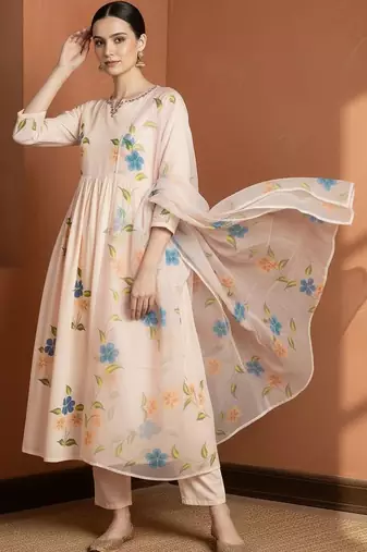 Women Floral Embroidered Regular Mirror Work Pure Cotton Kurta with Trousers & With Dupatta
