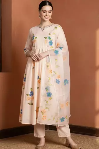 Women Floral Embroidered Regular Mirror Work Pure Cotton Kurta with Trousers & With Dupatta