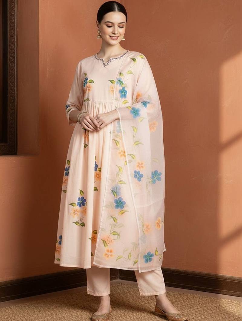 Women Floral Embroidered Regular Mirror Work Pure Cotton Kurta with Trousers & With Dupatta