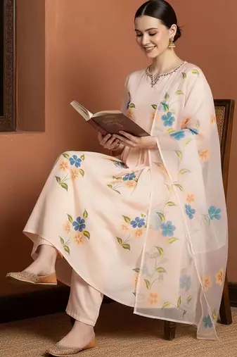 Women Floral Embroidered Regular Mirror Work Pure Cotton Kurta with Trousers & With Dupatta