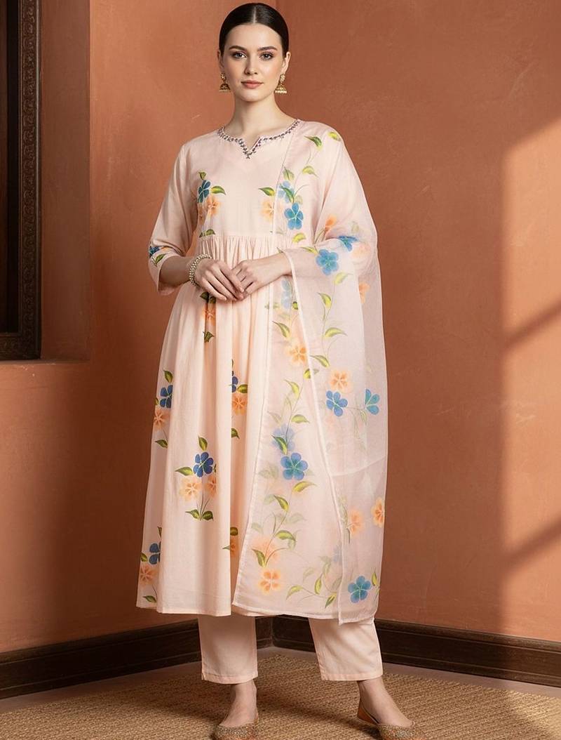 Women Floral Embroidered Regular Mirror Work Pure Cotton Kurta with Trousers & With Dupatta