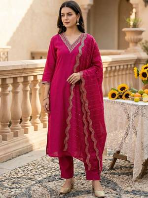 Women Ethnic Motifs Embroidered Regular Thread Work Kurta with Trousers & With Dupatta 1
