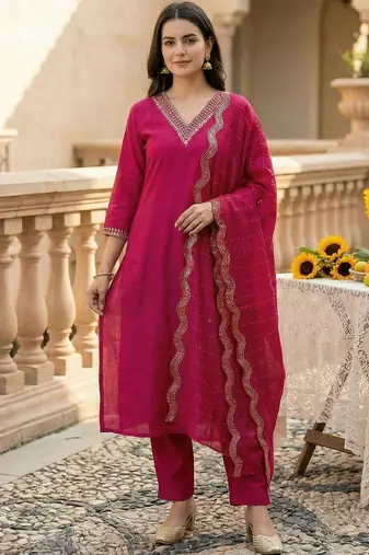 Women Ethnic Motifs Embroidered Regular Thread Work Kurta with Trousers & With Dupatta