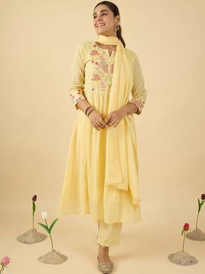 Women Floral Embroidered Panelled Thread Work Pure Cotton Kurta with Trousers & With Dupatta 1