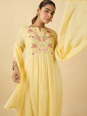 Women Floral Embroidered Panelled Thread Work Pure Cotton Kurta with Trousers & With Dupatta 2