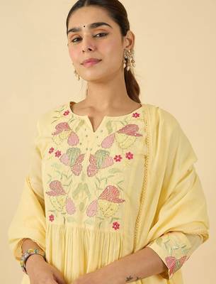Women Floral Embroidered Panelled Thread Work Pure Cotton Kurta with Trousers & With Dupatta 3
