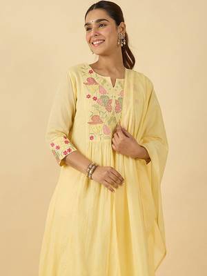 Women Floral Embroidered Panelled Thread Work Pure Cotton Kurta with Trousers & With Dupatta 4