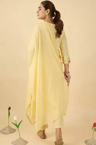 Women Floral Embroidered Panelled Thread Work Pure Cotton Kurta with Trousers & With Dupatta