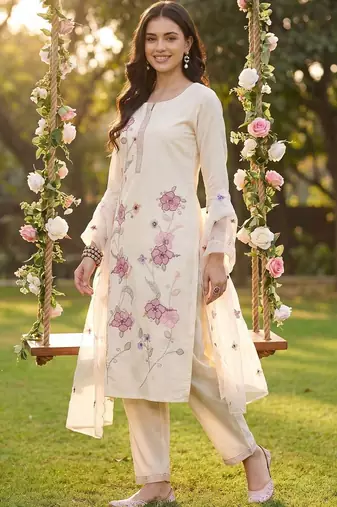 Women Floral Embroidered Regular Thread Work Kurta with Trousers & With Dupatta