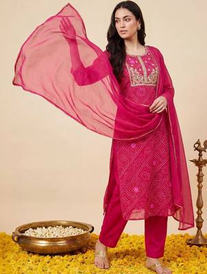 Women Bandhani Printed Regular Thread Work Kurta with Trousers & With Dupatta 3
