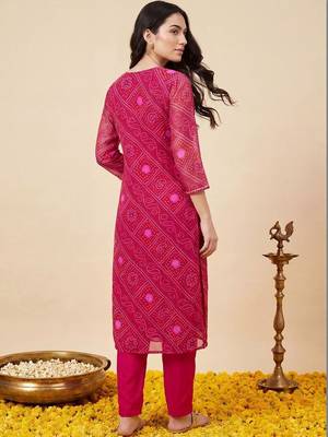 Women Bandhani Printed Regular Thread Work Kurta with Trousers & With Dupatta 4