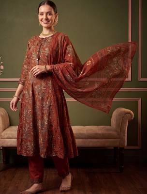 Women Ethnic Motifs Printed Tiered Pure Cotton Kurta with Trousers & With Dupatta 1