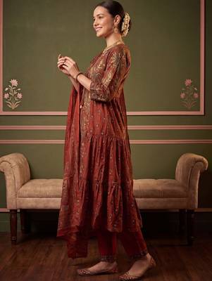 Women Ethnic Motifs Printed Tiered Pure Cotton Kurta with Trousers & With Dupatta 3