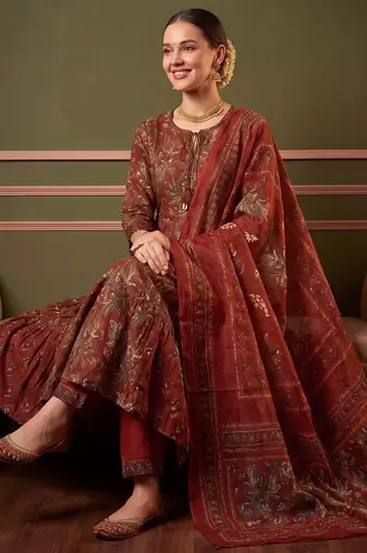 Women Ethnic Motifs Printed Tiered Pure Cotton Kurta with Trousers & With Dupatta