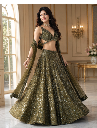 olive green color Dori sequins thread work silk blend lehenga Choli Set 1