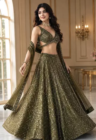 olive green color Dori sequins thread work silk blend lehenga Choli Set