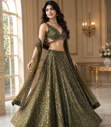 olive green color Dori sequins thread work silk blend lehenga Choli Set