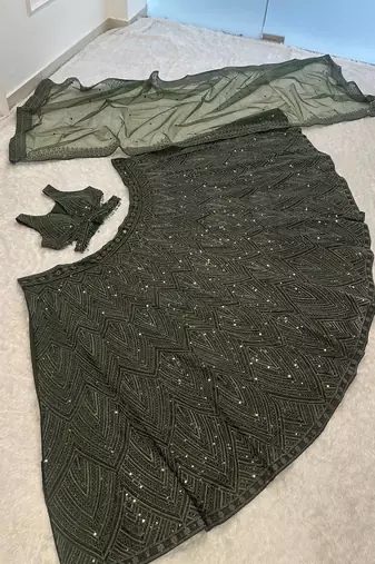 olive green color Dori sequins thread work silk blend lehenga Choli Set