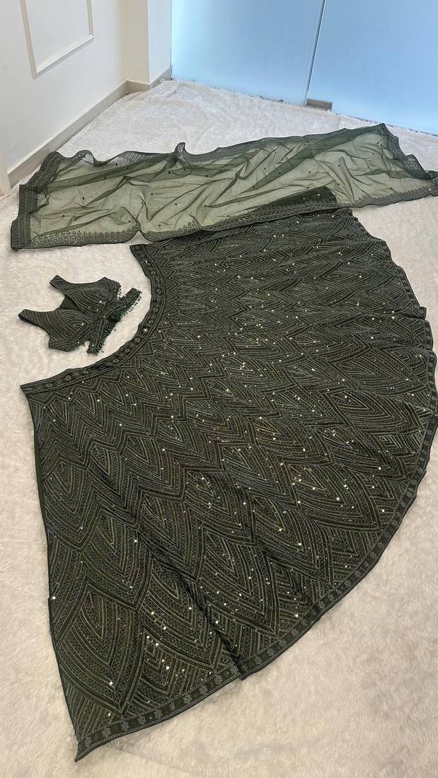 olive green color Dori sequins thread work silk blend lehenga Choli Set