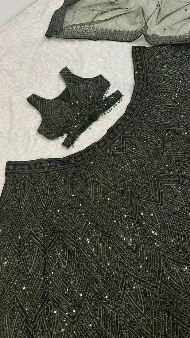 olive green color Dori sequins thread work silk blend lehenga Choli Set