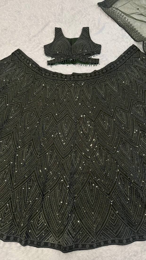 olive green color Dori sequins thread work silk blend lehenga Choli Set