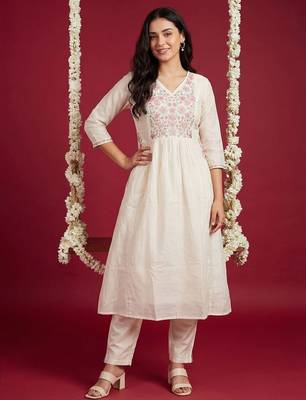 Women Floral Embroidered Regular Thread Work Pure Cotton Kurta with Trousers 1