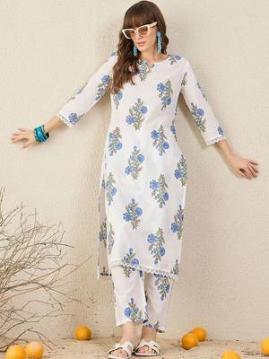 Women Floral Printed Regular Pure Cotton Kurta with Trousers 1