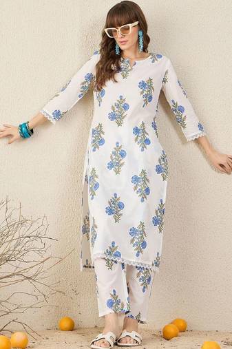 Women Floral Printed Regular Pure Cotton Kurta with Trousers