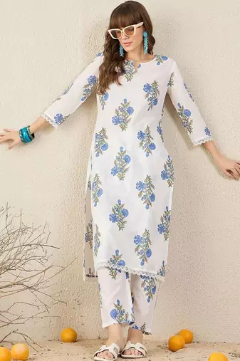 Women Floral Printed Regular Pure Cotton Kurta with Trousers