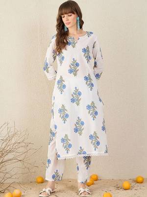 Women Floral Printed Regular Pure Cotton Kurta with Trousers 5