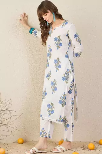 Women Floral Printed Regular Pure Cotton Kurta with Trousers