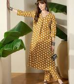 Women Mustard Printed Regular V-Neck Pure Cotton Kurta Sets