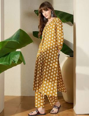 Women Mustard Printed Regular V-Neck Pure Cotton Kurta Sets 3