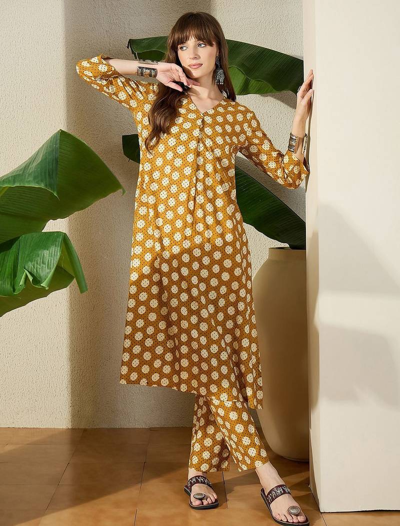 Women Mustard Printed Regular V-Neck Pure Cotton Kurta Sets