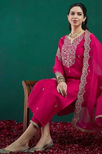 Women Ethnic Motifs Embroidered Regular Kurta With Trousers & Dupatta