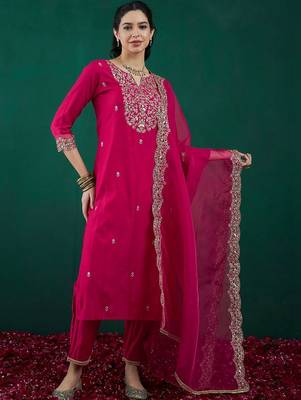Women Ethnic Motifs Embroidered Regular Kurta With Trousers & Dupatta 5