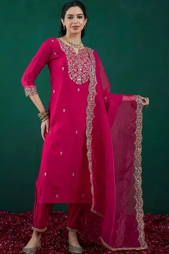 Women Ethnic Motifs Embroidered Regular Kurta With Trousers & Dupatta