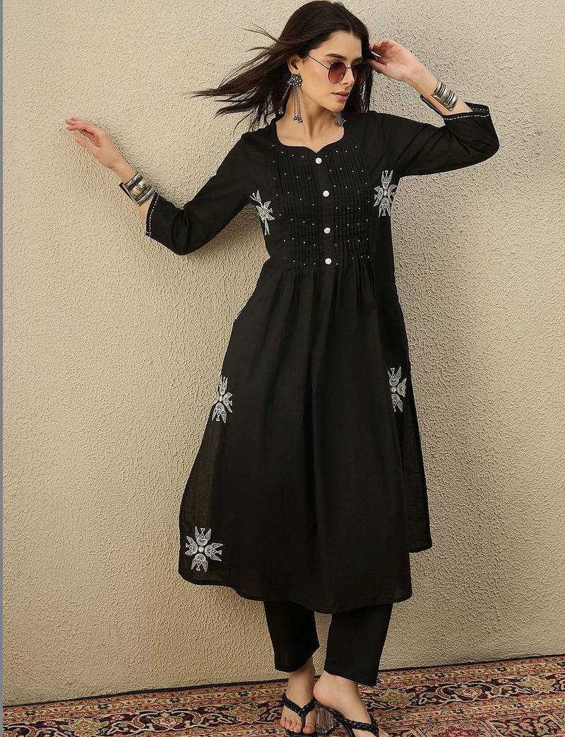 Women Floral Embroidered Pleated Beads and Stones Pure Cotton Kurta with Trousers