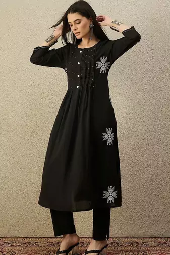 Women Floral Embroidered Pleated Beads and Stones Pure Cotton Kurta with Trousers