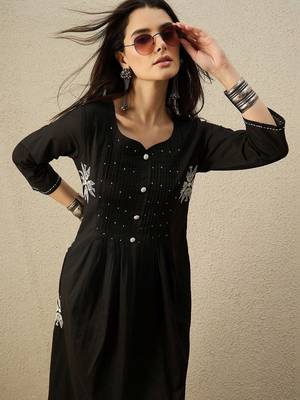 Women Floral Embroidered Pleated Beads and Stones Pure Cotton Kurta with Trousers 5