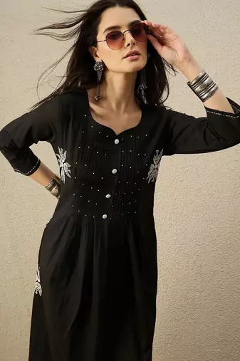 Women Floral Embroidered Pleated Beads and Stones Pure Cotton Kurta with Trousers