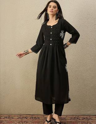 Women Floral Embroidered Pleated Beads and Stones Pure Cotton Kurta with Trousers 6